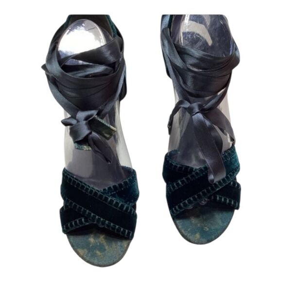 Stuart Weitzman Theodora Callum  Elegant Velvet Green Lace-Up Wedges Size‎ 8.5 - Picture 1 of 13